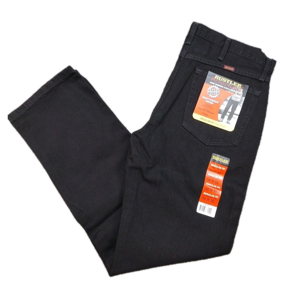 NWT RUSTLER Advantage Black Denim Jeans Mens 34x32 Straight Leg Regular Fit NEW